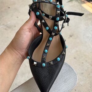 Valentino Black Leather Pointed Flats with Turquoise Stud Accents